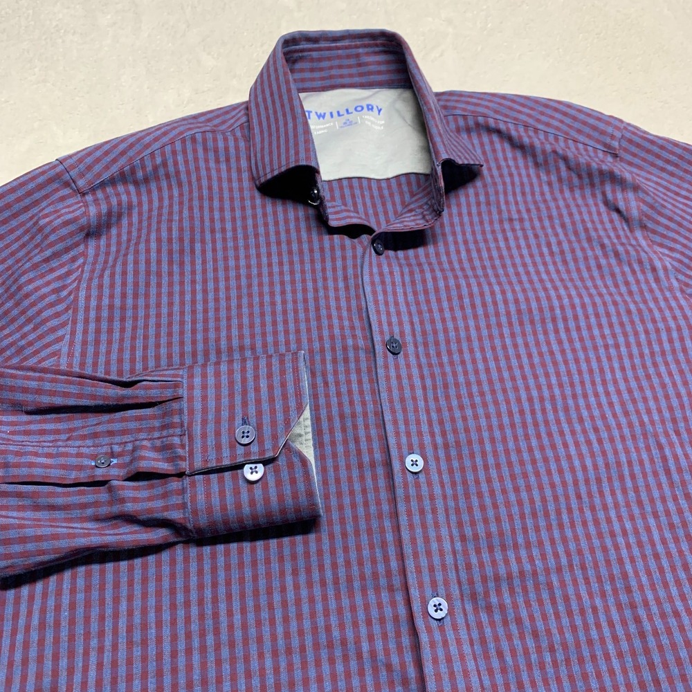 Twillory Tailored Performance Button Shirt Men‎ 16 36-37 Maroon Blue Check